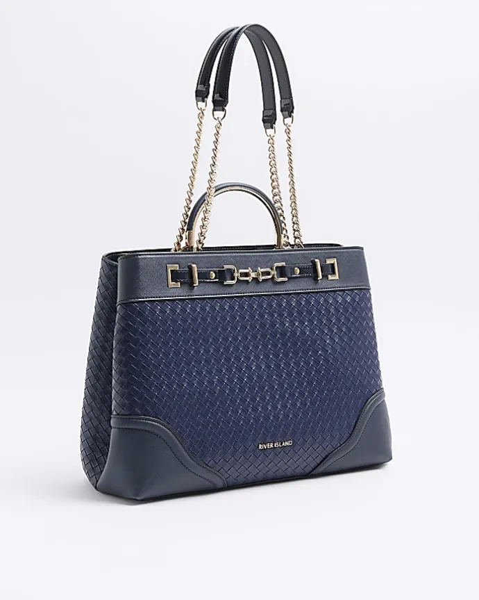 Navy woven chain tote bag