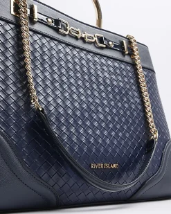 Navy woven chain tote bag