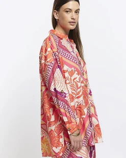 Orange floral oversized beach shirt