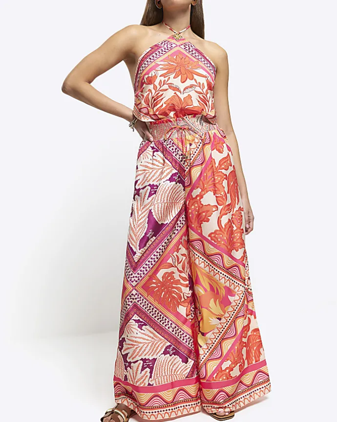 Orange floral wide leg trousers