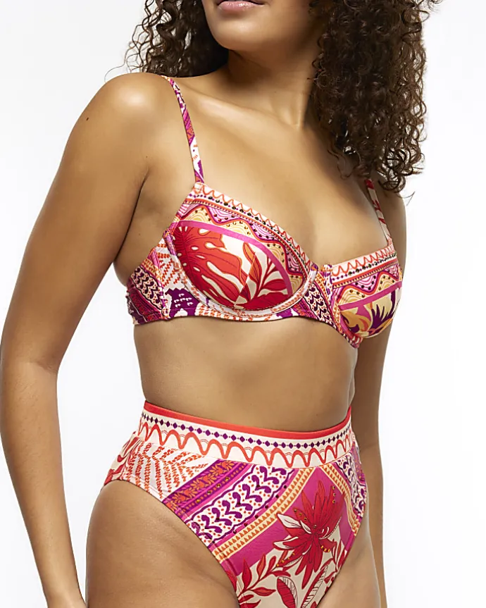 Orange high wasted scarf print bikini bottoms