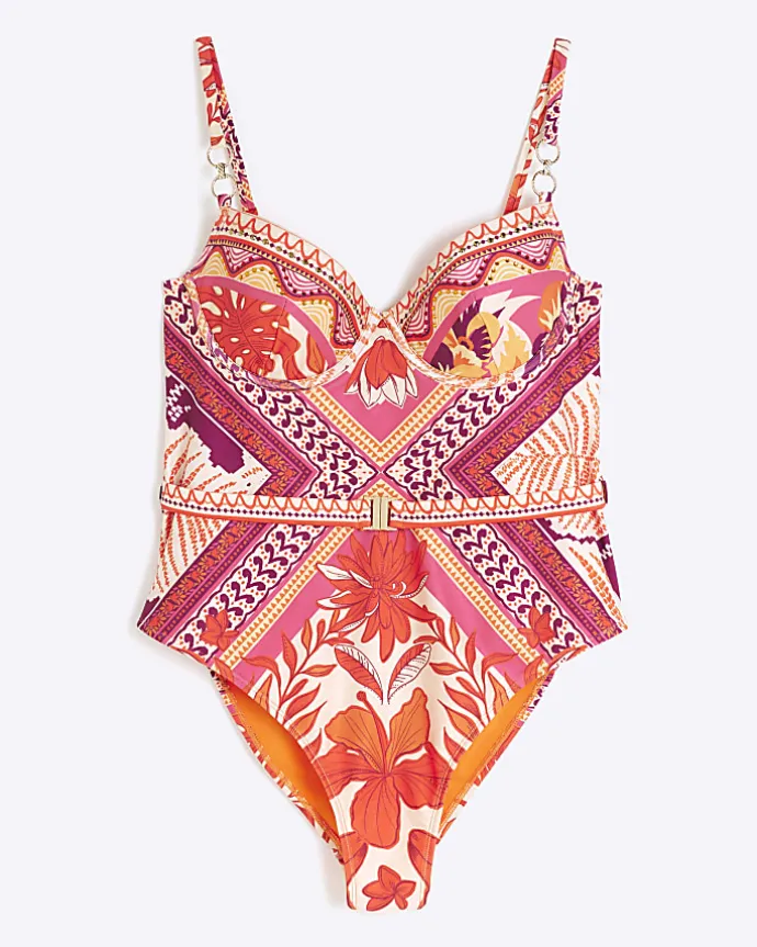Orange scarf print balconette swimsuit