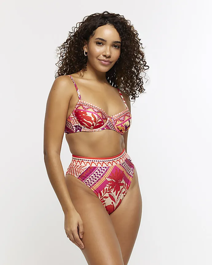 Orange scarf print structured bikini top