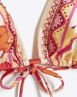 Orange scarf print triangle bikini top