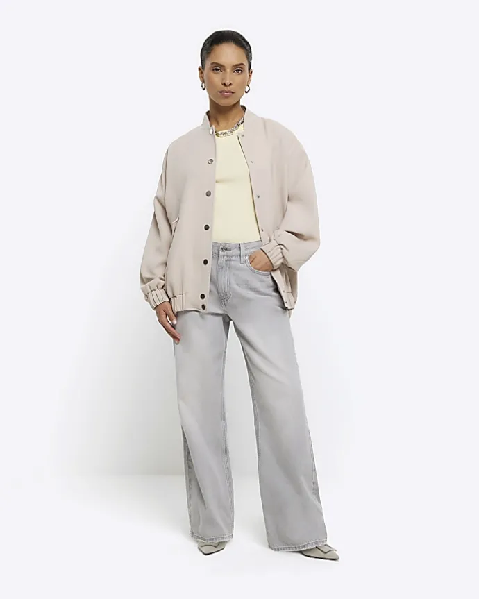 Petite beige oversized bomber jacket
