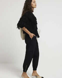 Petite black belted utility cargo trousers
