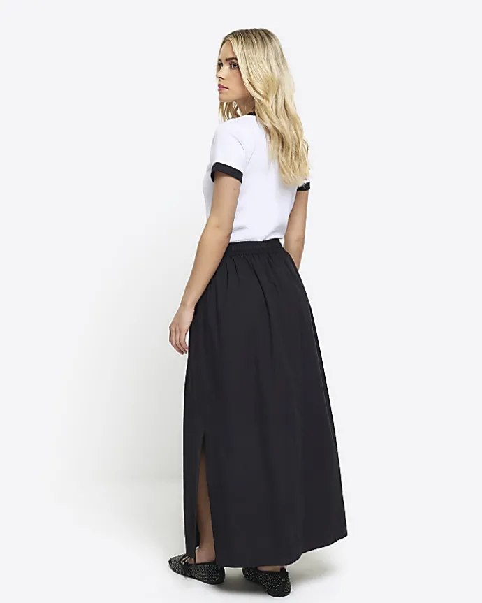 Petite black elasticated waist maxi skirt