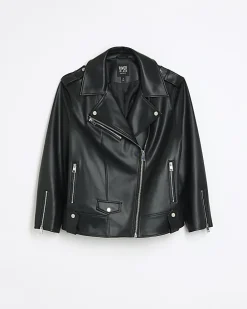 Petite black faux leather oversized jacket