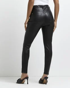 Petite black faux leather bum sculpt trousers