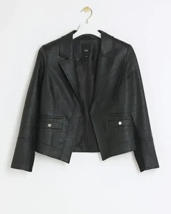 Petite black faux leather blazer