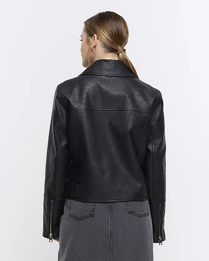 Petite Black Faux Leather Biker Jacket