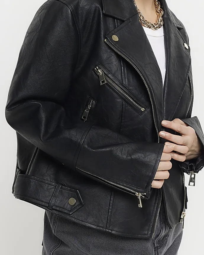 Petite Black Faux Leather Biker Jacket