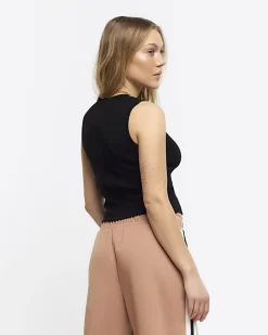 Petite black rib high neck tank top
