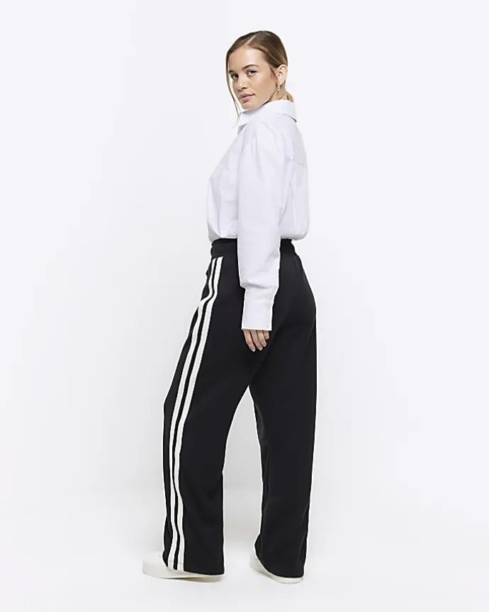 Petite black side stripe wide leg joggers