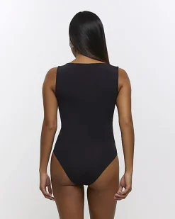 Petite black square neck bodysuit