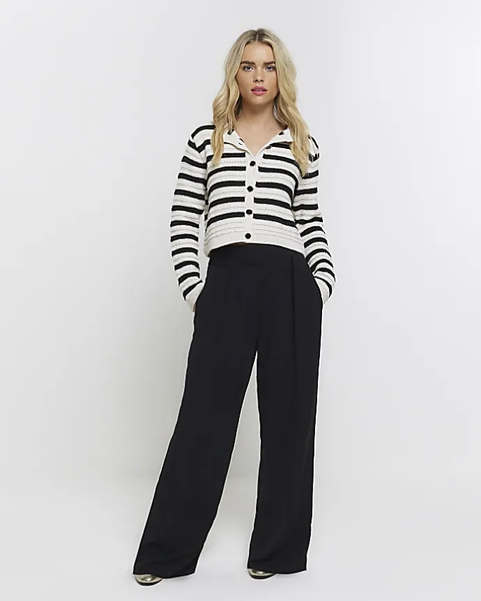 Petite black stripe textured knit cardigan