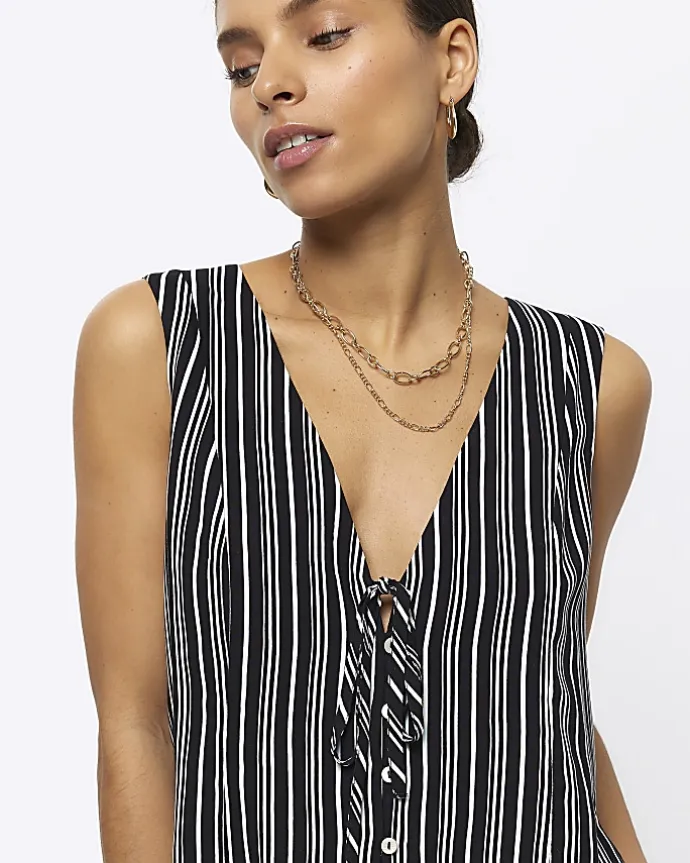 Petite black stripe tie up waistcoat