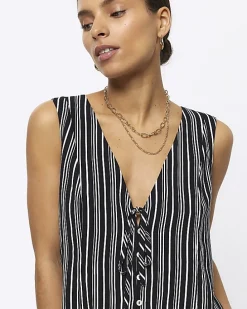 Petite black stripe tie up waistcoat