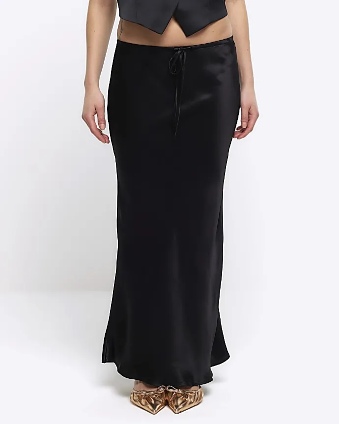 Petite black tie waist maxi skirt