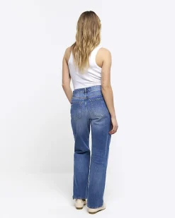 Petite blue patch stove pipe straight jeans