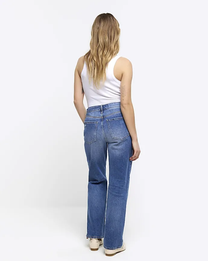 Petite blue patch stove pipe straight jeans