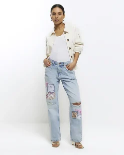 Petite blue patch stove straight jeans