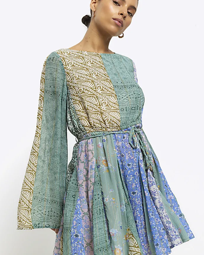 Petite blue patchwork belted shift mini dress