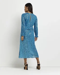 Petite blue sequin frill midi dress