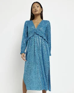 Petite blue sequin frill midi dress