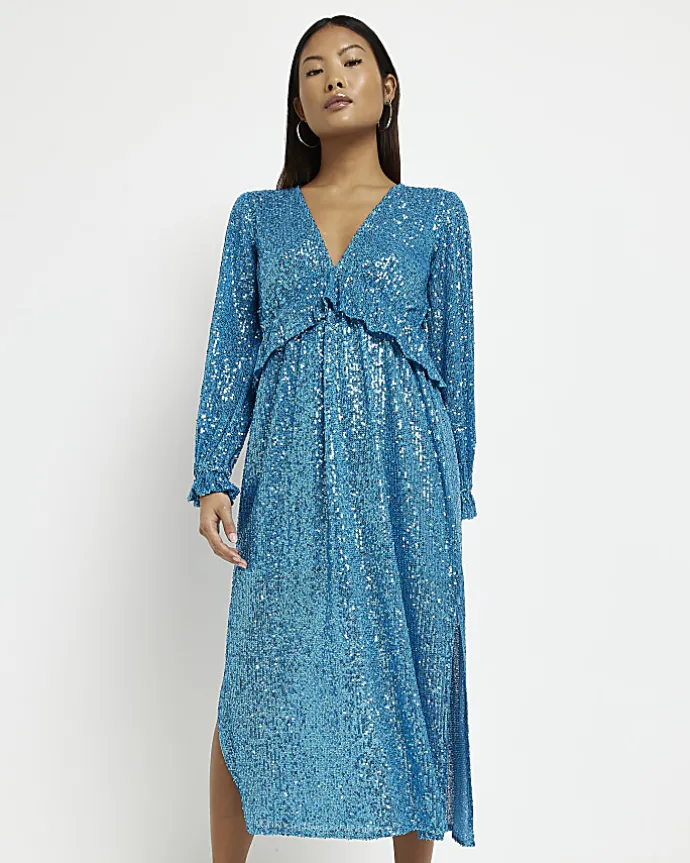 Petite blue sequin frill midi dress