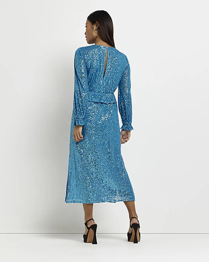 Petite blue sequin frill midi dress