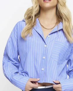 Petite blue stripe crop shirt