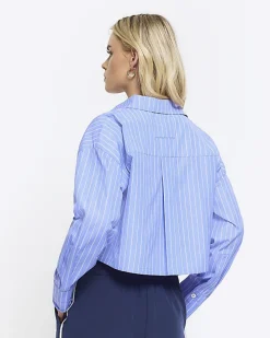 Petite blue stripe crop shirt