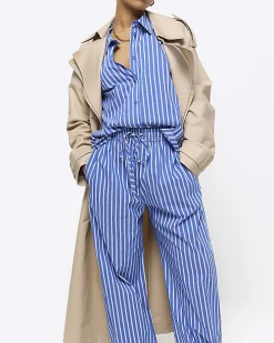Petite blue stripe poplin pull on trousers