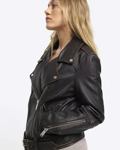 Petite brown leather oversized biker jacket