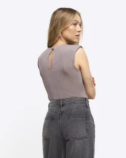 Petite brown ruched bodysuit