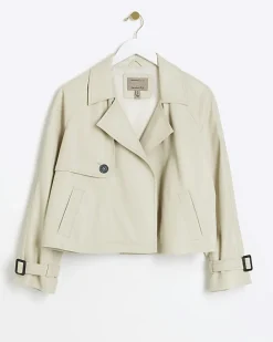 Petite Cream Faux Leather Trench Coat