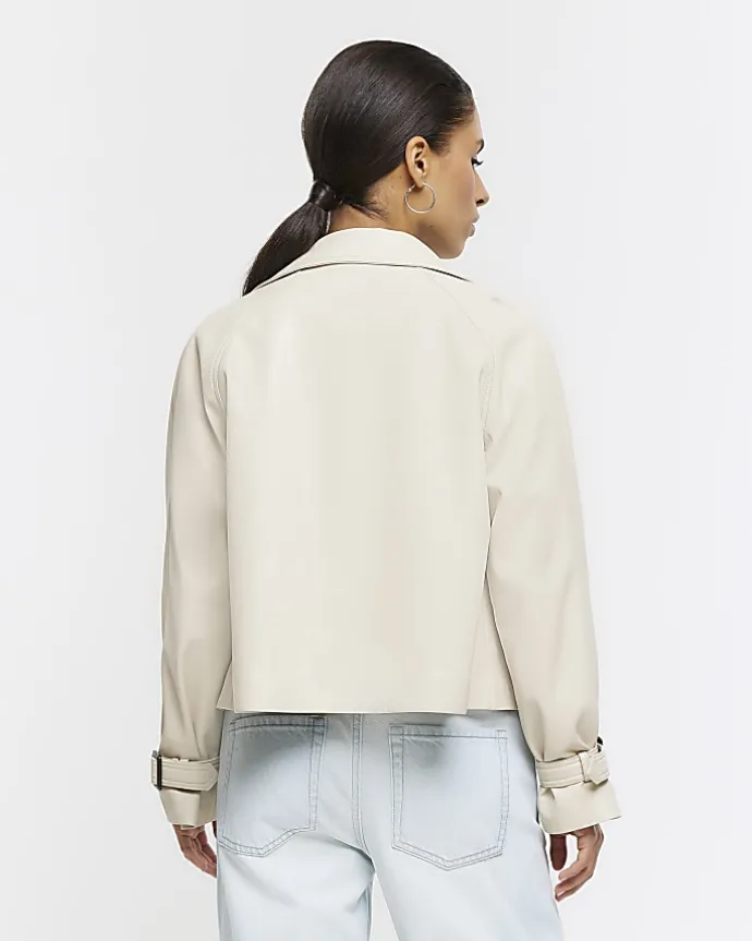 Petite Cream Faux Leather Trench Coat
