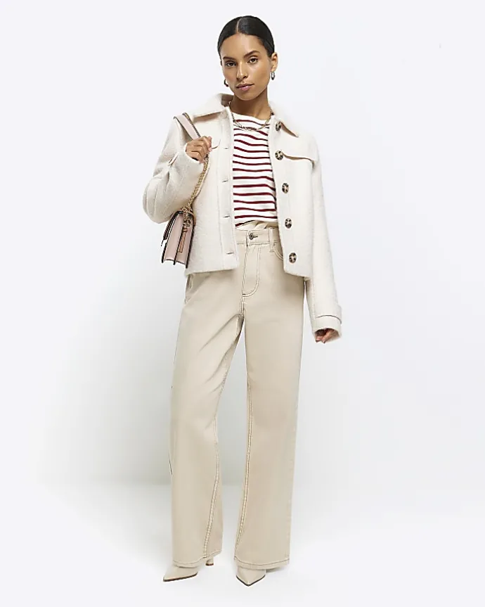 Petite ecru high waisted straight jeans