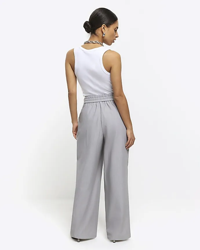 Petite grey side stripe wide leg trousers