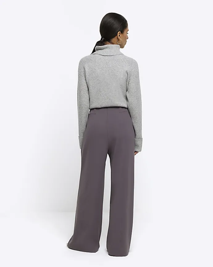 Petite grey stitched wide leg trousers