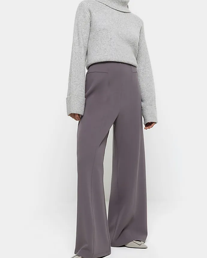 Petite grey stitched wide leg trousers