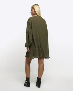 Petite khaki lace detail smock mini dress