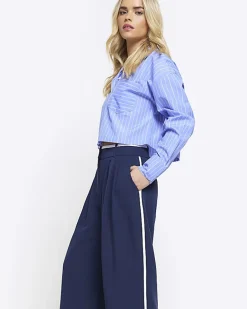 Petite navy side stripe wide leg trousers