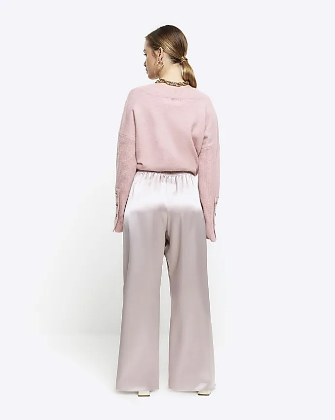 Petite silver satin wide leg trousers