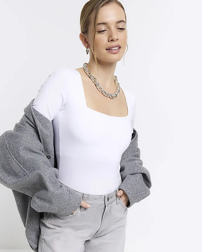 Petite white long sleeve bodysuit