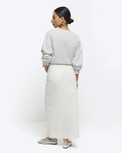Petite white split hem denim maxi skirt