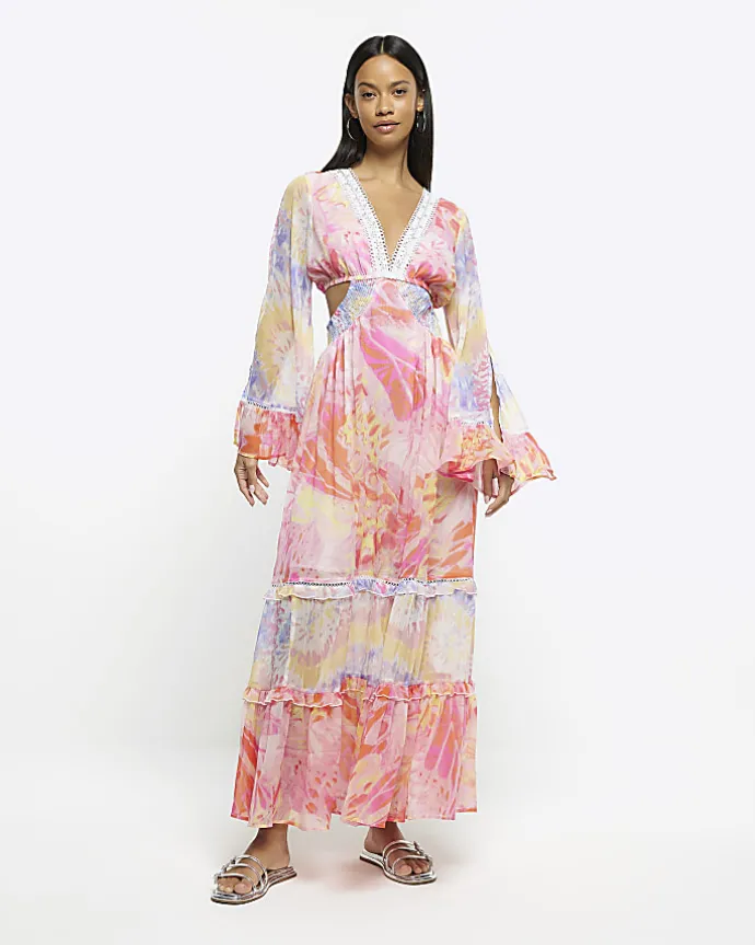 Pink chiffon abstract print beach maxi dress