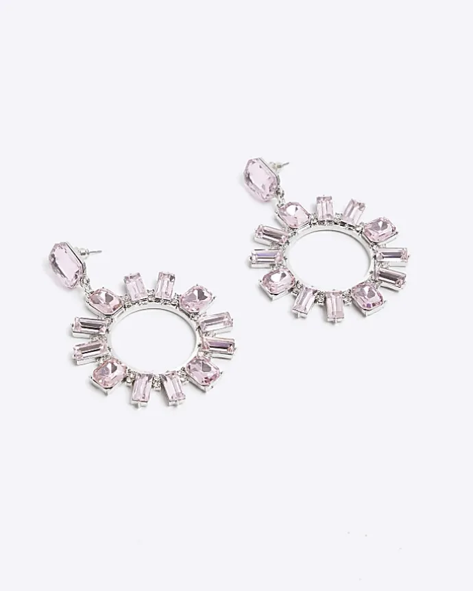 Pink diamante open circle drop earrings