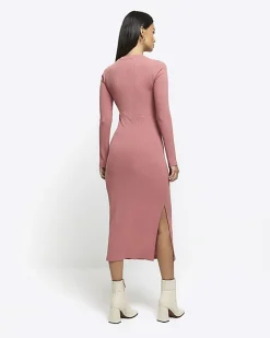 Pink drape front bodycon midi dress